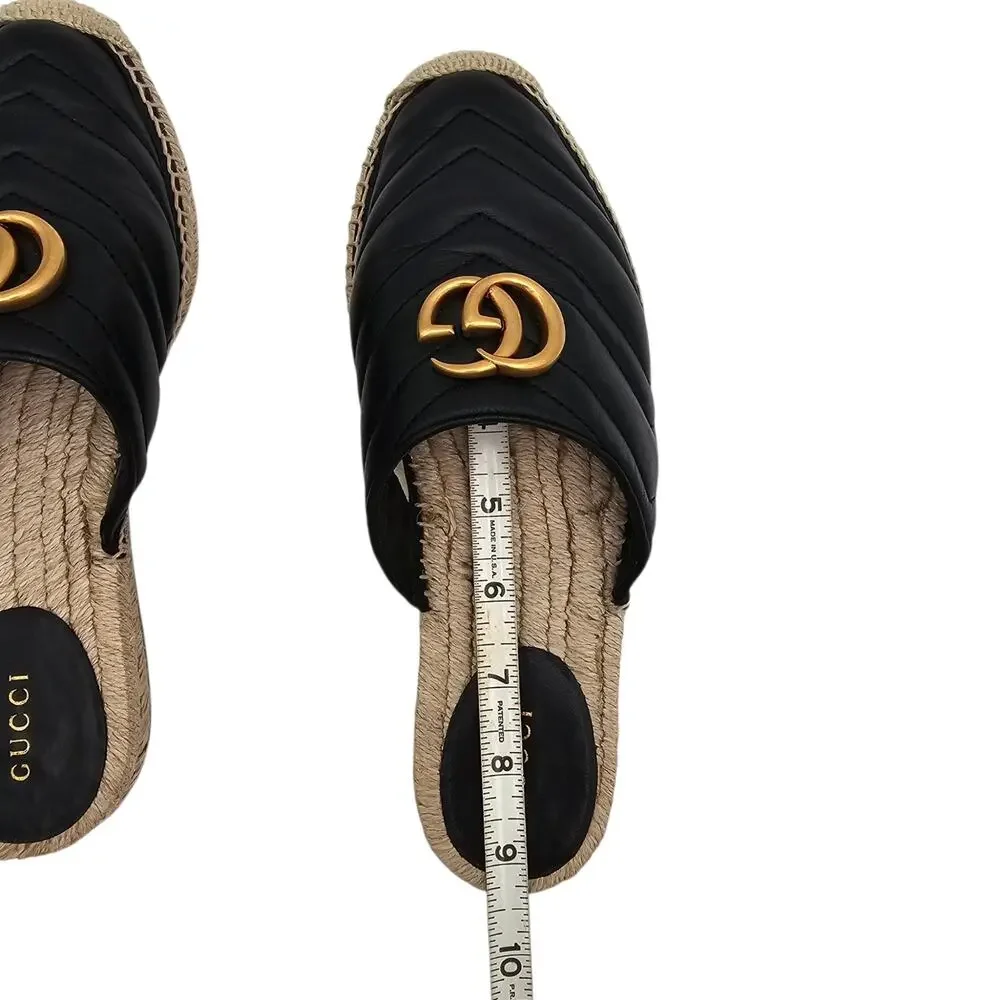 Gucci GG Marmont Black Quilted Leather Espadrille Mule Gold Slide Size 37.5 7.5 - Picture 10 of 10